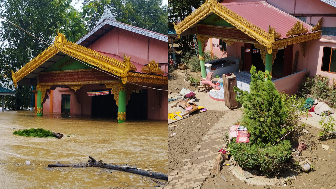 မကွေးတိုင်း၊ စလင်းမြို့နယ်အတွင်း မိုခါဆိုင်ကလုန်းမုန်တိုင်းဝင်ချိန် စလင်းချောင်းရေလျှံစဉ် (ဝဲဘက်) နှင့် ရေကျအပြီး (ယာဘက်) အခြေအနေအား တွေ့ရစဉ်။ (ဓာတ်ပုံ - ဦးသောဘိတ - ကညှပ်အု၌ကျောင်း၊ စလင်းမြိုနယ်)