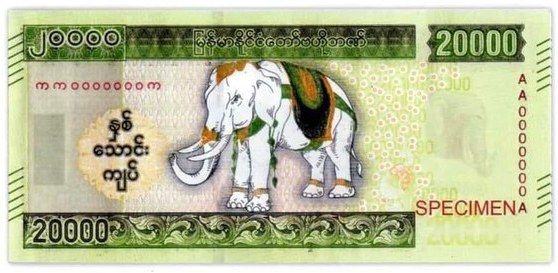 ၂၀၂၃ ခုနှစ်၊ ဇူလိုင်လ ၃၁ ရက်နေ့က စစ်ကောင်စီ ထုတ်ဝေမည်ဟု ကြေညာခဲ့သည့် နှစ်သောင်းကျပ်တန်ငွေစက္ကူသစ် နမူနာပုံစံ၏ မျက်နှာဘက်။ (Photo: Myanmar Military)