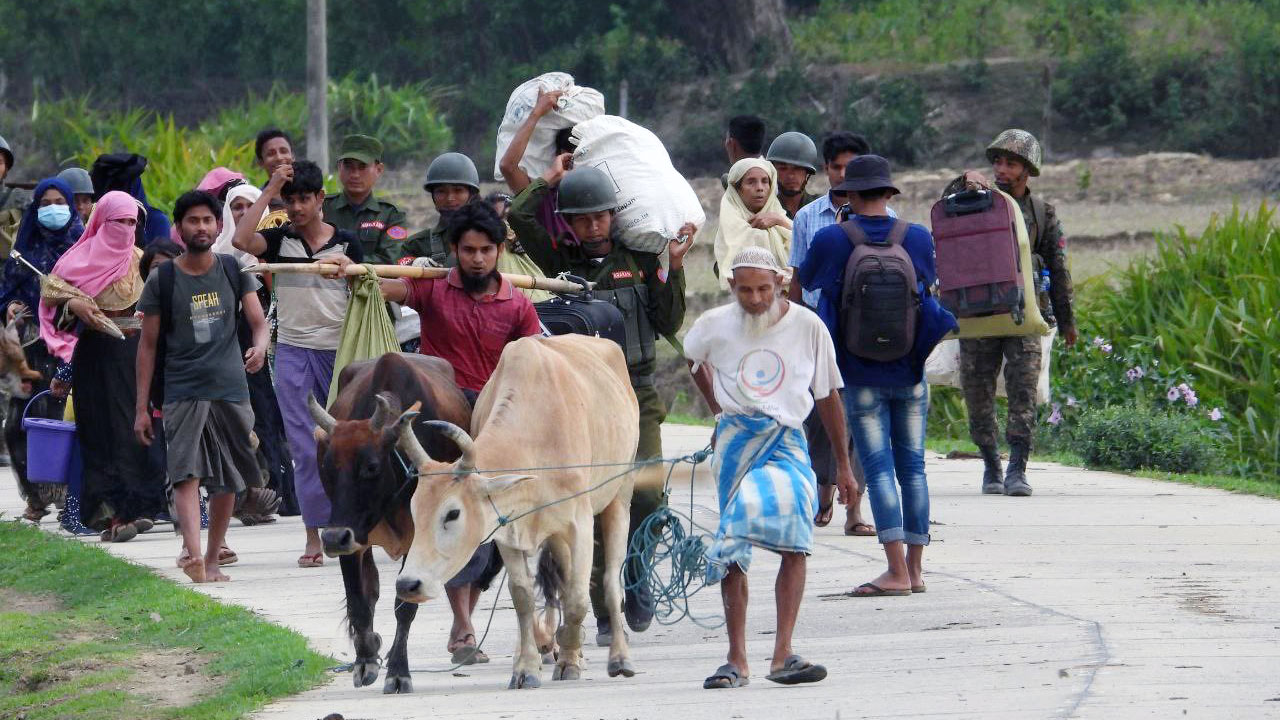 တိုက်ပွဲကြောင့် ရခိုင်ပြည်နယ်၊ ဘူးသီးတောင်မြို့နယ်မှ ရိုဟင်ဂျာများ (AA) ထိန်းချုပ်ရာနယ်မြေသို့  ထွက်ပြေးခိုလှုံနေကြသည်ကို  ၂၀၂၄ ခုနှစ်၊ မေလ ၈ ရက်နေ့က တွေ့ရစဉ်။ (Photo: Twitter/ Twan Mrat Naing)