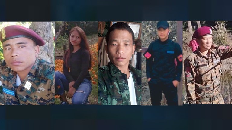 ၂ဝ၂၃ ခုနှစ် ဇန်နဝါရီလ ၁ဝ ရက်နေ့က ချင်းအမျိုးသားတပ်ဦး CNF ဌာနချုပ် ဗုံးကြဲတိုက်ခိုက်ခံရမှုအတွင်း သေဆုံးခဲ့ကြသော CNF တပ်ဖွဲ့ဝင်ငါးဦး။ (Photo: Citizen Journalist)