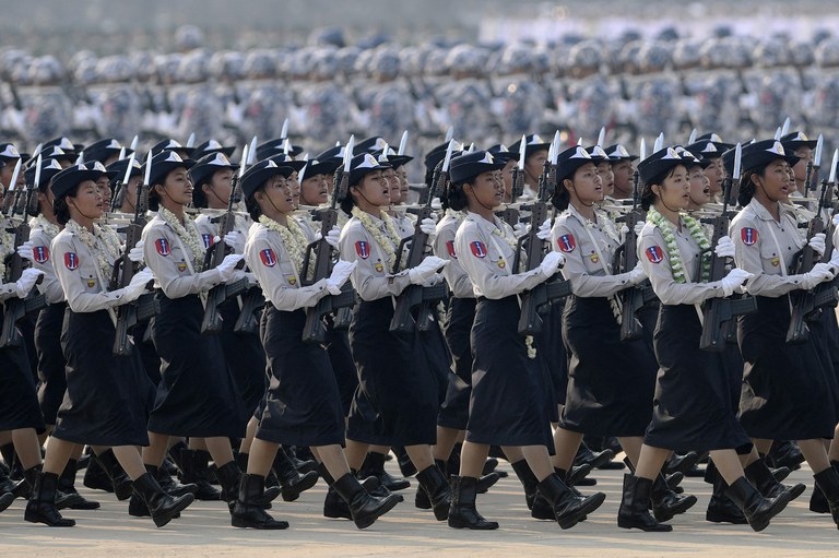 ၂၀၂၃ ခုနှစ် မတ်လ ၂၇ ရက်နေ့တွင် ကျရောက်သည့် ၇၈ နှစ်မြောက် တပ်မတော်နေ့ အခမ်းအနားအား တွေ့ရစဉ်။ (Photo: AFP)