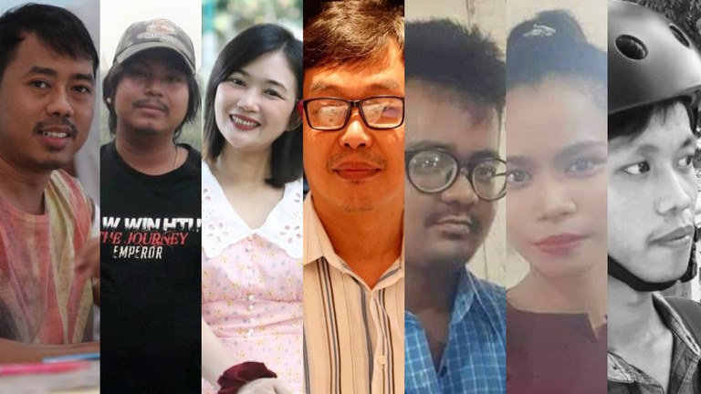 စစ်တပ်အာဏာသိမ်းပြီးနောက် ဖမ်းဆီးထောင်ချခံထားရသည့် သတင်းသမား ခုနစ်ဦး - ဦးဟံသာညိန်း၊ ကိုကောင်းဆက်လင်း၊ မမှူးရတနာခက်မို့မို့ထွန်း၊ ဦးစည်သူအောင်မြင့်၊ ကိုဝေလင်းယု၊ မထက်ထက်အောင်၊ ကိုစိုးရာဇာထွန်း (ဝဲ မှ ယာ)။ (Photo: Citizen Journalist)