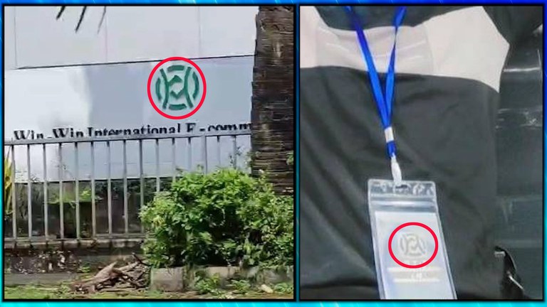 Win Win International E-Commerce ကုမ္ပဏီ အမှတ်တံဆိပ် (ဝဲ) နှင့် MMB  Tower ငါးလွှာတွင် တွေ့ရသည့် လာအိုနိုင်ငံသားတစ်ဦး ချိတ်ဆွဲထားသော ကတ်ပြားပေါ်ရှိ အမှတ်တံဆိပ်။ (Screenshot: RFA)