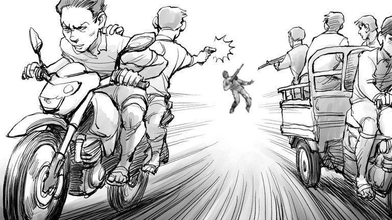 ၂ဝ၂၃ ခုနှစ် မေလက တောင်ငူထောင်မှ ထွက်ပြေးကြသူများ၏ ဖြစ်ရပ်အား ရေးဆွဲထားသည့် သရုပ်ဖော်ပုံတစ်ပုံ။ (Sketch by Rebel Pepper)