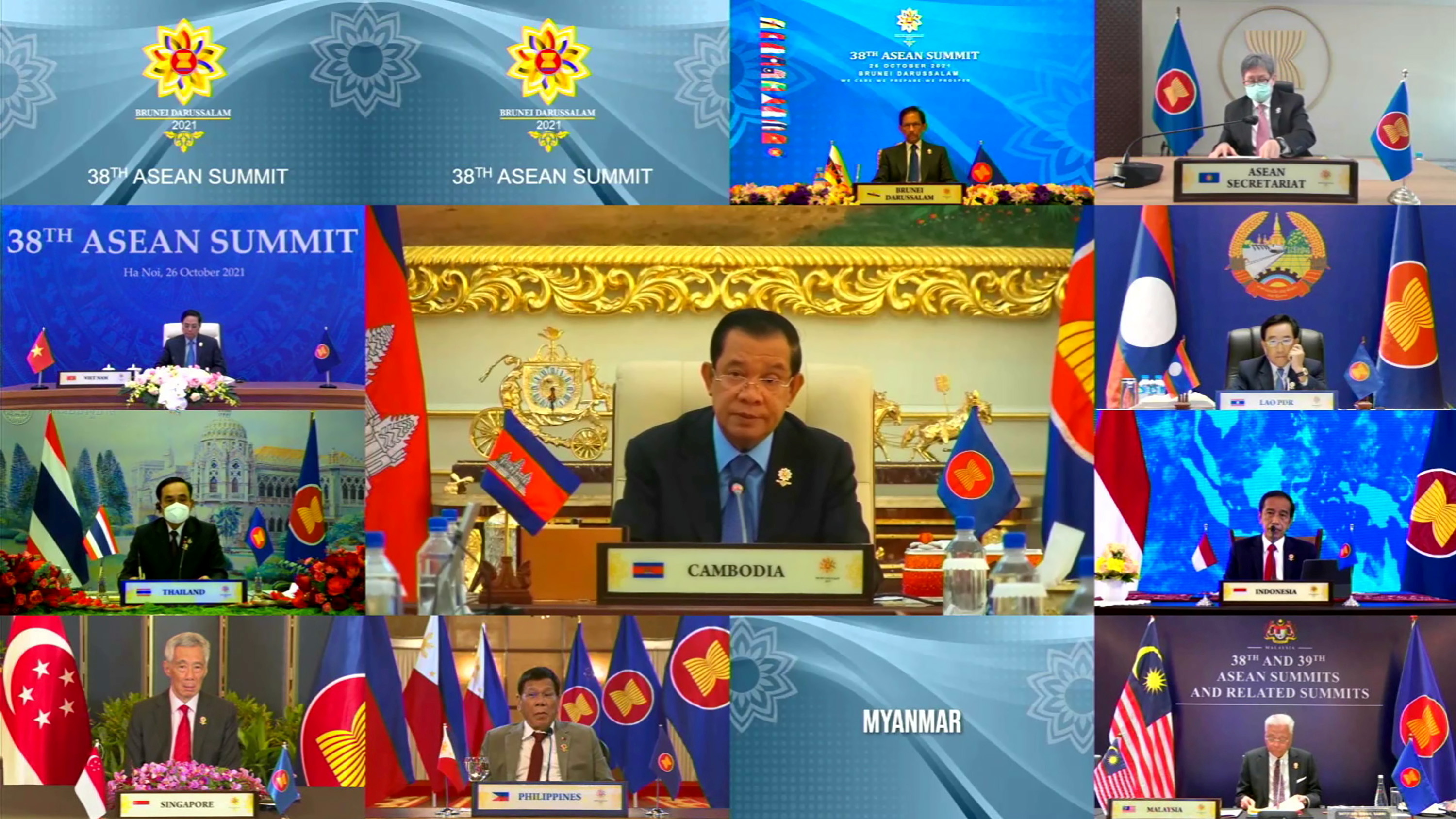 ၃၈ ကြိမ်မြောက် အာဆီယံ ထိပ်သီးအစည်းအဝေးကို ၂၀၂၁ အောက်တိုဘာ ၂၆ ရက်နေ့က အွန်လိုင်းဗီဒီယိုစနစ်ဖြင့် ကျင်းပစဉ်။ (AFP Photo)