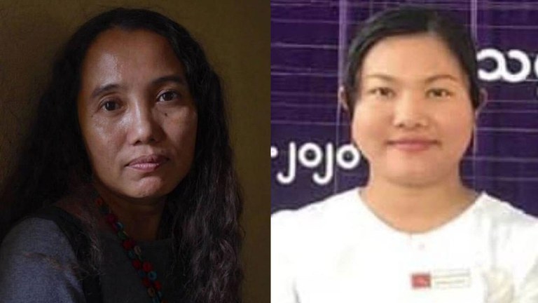 အကြမ်းဖက်မှုတိုက်ဖျက်ရေးပုဒ်မတွေနှင့် ထောင်နှစ်ရှည် ချခံထားရသည့် မှတ်တမ်းရုပ်ရှင်ဒါရိုက်တာ ရှင်ဒေဝီ (ဝဲ) နှင့် စစ်ကိုင်းနည်းပညာတက္ကသိုလ် ကျောင်းသားသမဂ္ဂ အထွေထွေအတွင်းရေးမှူးဟောင်း မလွင်ချိုမြင့် (ယာ) တို့အား တွေ့ရစဉ်။ (Photo: Artist Ko Oo/Citizen Journalist)