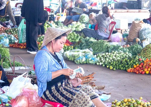 ຮູບພາບປະກອບ: ແມ່ຄ້າຂາຍຜັກສົດ ພວມນັບເງິນກີບ ທີ່ຕະຫຼາດແຫ່ງນຶ່ງ ໃນນະຄອນປາກເຊ ແຂວງຈຳປາສັກ. ເດືອນພະຈິກ ປີ 2023.