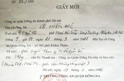 Cụ bà Lê Hiền Đức cũng đã bị công an mời tới làm việc với lý do