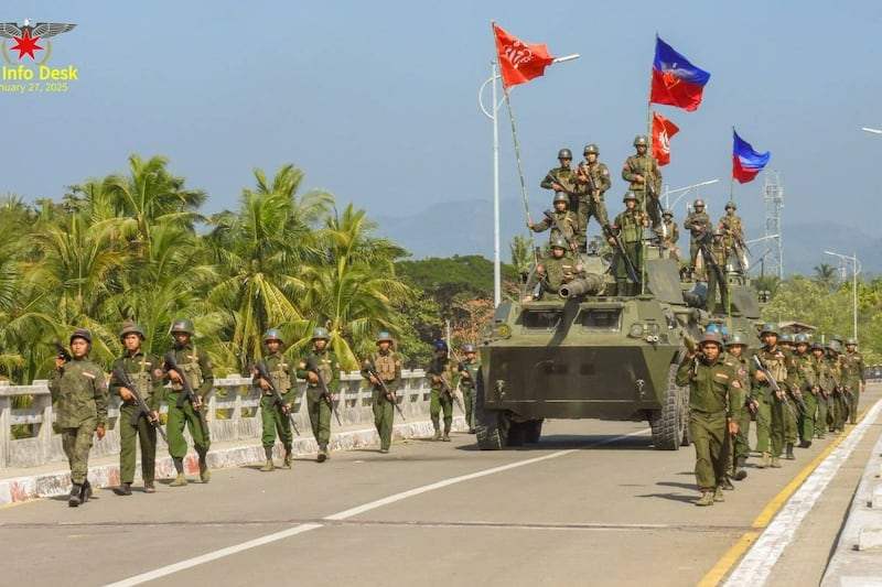 Arakan Army troops on the Ayeyarwady region’s border with Rakhine state, in a photograph released on Jan. 27, 2025.
