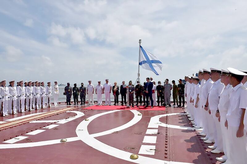 This handout photo taken and released on December 1, 2021 by the Indonesian fleet command Koarmada I shows an admiral inspection ceremony on the Russian destroyer Admiral Panteleyev off the waters of Belawan during a joint exercise between the Indonesian Navy, the Russian Navy and Association of Southeast Asian Nations (ASEAN) members. Credit: AFP/Indonesian Fleet Command Koarmada.