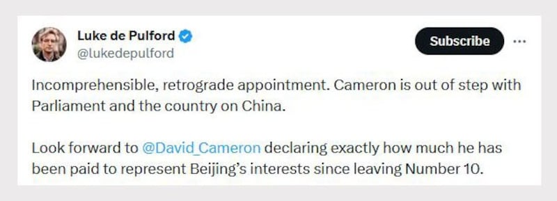 “对华政策跨国议会联盟”执行董事裴伦德(Luke de Pulford)形容卡梅伦出任外相的决定“难以理解”,也是“倒行逆施”。(lukedepulford@lukedepulford)