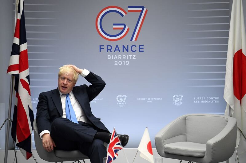 2019年8月26日,英国首相鲍里斯•约翰逊G7会后表示,将继续致力于维护香港的“一国两制”。(法新社)