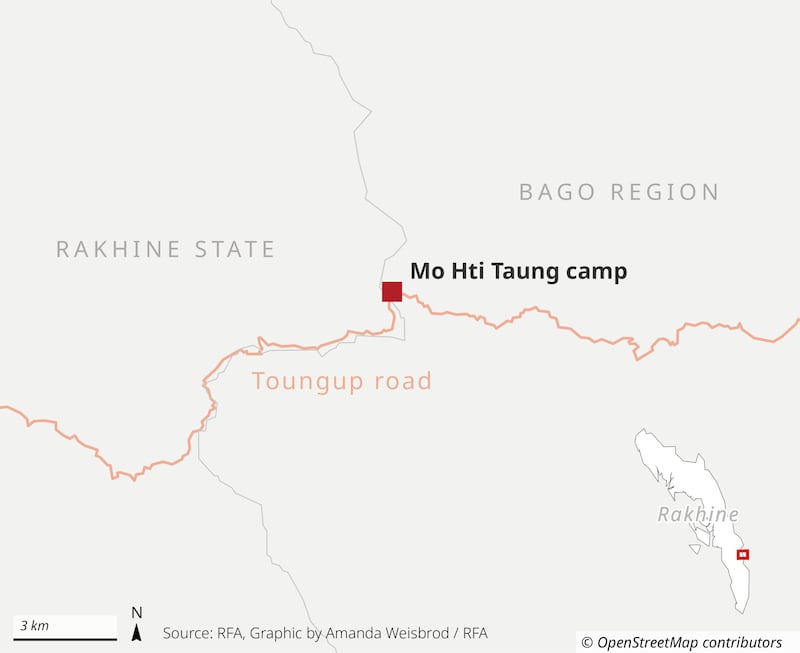 Map showing the location of Mo Hti Taung camp on the border between Rakhine state and Bago region in Myanmar, along Toungup road