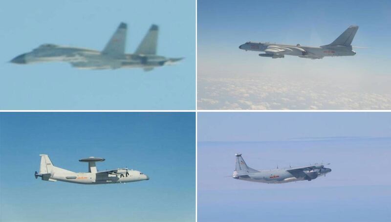 左上:中共歼-11机型。 右上:中共轰-6机型。 左下:中共空警500机型。 右下:中共运-8远干机型。(台湾国防部提供)