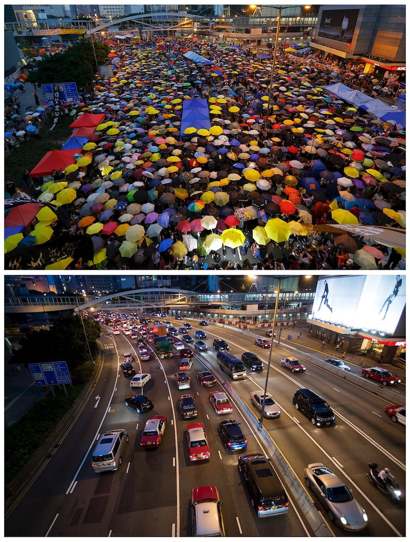 图为雨伞运动前后对比;影集倒数第二集包含重现香港2014年为期79天的“占领中环”的画面。(路透社图片)