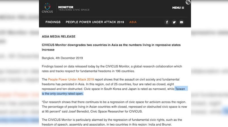 非政府人权组织CIVICUS和区域人权组织亚洲论坛（Forum-Asia） 4日在曼谷发布2019年“受威胁的公民力量报告”。台湾是亚洲唯一被评为“开放”的国家。（CIVICUS截图）