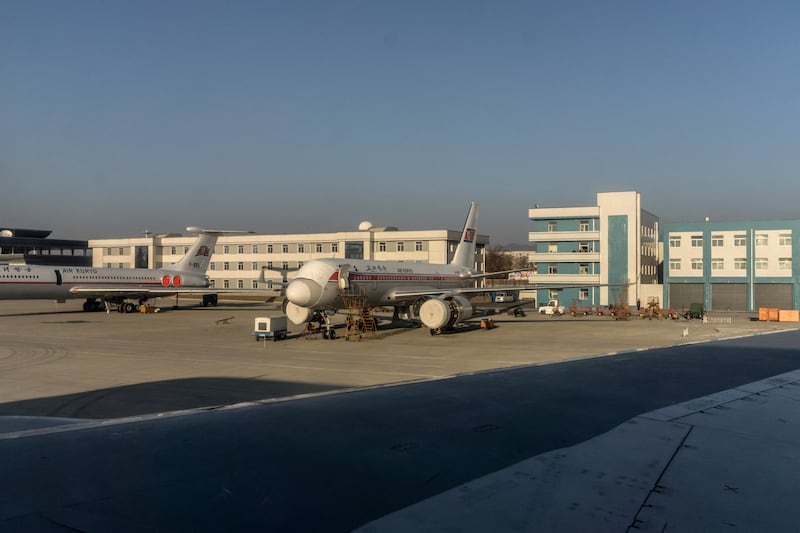 A Tupolev Tu-204 aircraft undergoes maintenance at Sunan Pyongyang International Airport, Feb. 14, 2017.