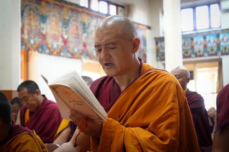 Tibetan monks pray for Tulku Hungkar Dorje in Dharamsala, India, May 16, 2025, on the 49th day after his death.