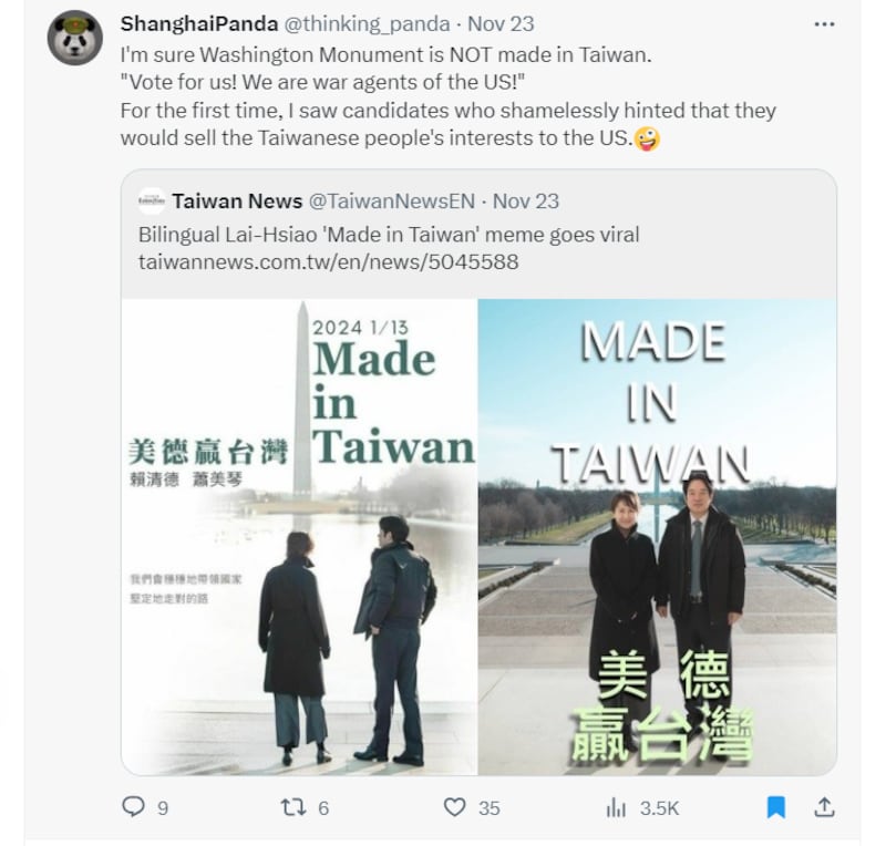 X用户"ShanghaiPanda"发文称萧美琴说不好国语、是"美国代理人"。(推特截图)