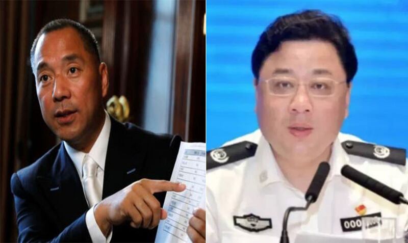 流亡美国的富商郭文贵(左图)曾多次披露,2017年5月,孙力军赴美劝说他回国,但被拒绝。(资料图/路透社/视频截图)