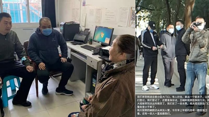 左图：北京市区和县人大代表参选人杨凌云被当地派出所所长请去谈话。（野靖环微信截图）；右图：北京便衣人员在参选人杨凌云家附近不准王峭岭、李文足探访。（野靖环微信截图）