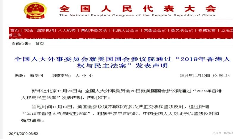中国全国人大、就美国国会参议院通过《香港人权与民主法案》发表声明。(视频截图/路透社)