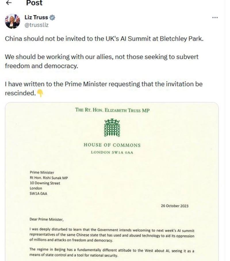 前首相特拉斯(Liz Truss)去信唐宁街首相府,要求苏纳克撤回决定。(X截图)