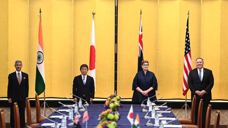 资料图片:2020年10月6日,美澳日印四国外长在东京举行四方会谈。(美联社)