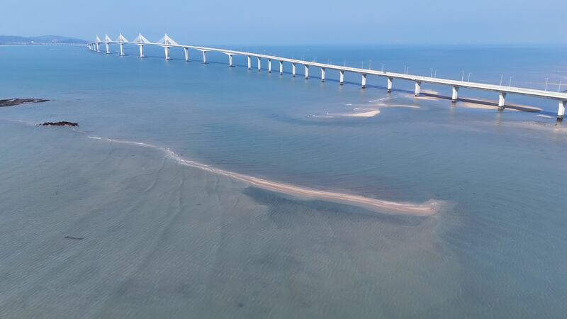 各种海上工程改变流场、漂沙传输，金门大桥下沙洲逐渐长大中。