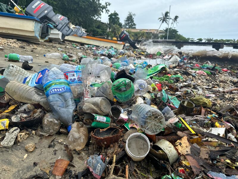 Discarded plastic bottles are pictured on Nov. 27, 2024 clogging the shoreline of the Solomon Islands capital Honiara despite a government ban on single-use plastics.