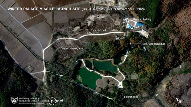 The suspected missile complex as of Nov. 6, 2024. The launch site has been covered to look like a putting green.
Credit: Planet Labs /the Open Source Team at the James Martin Center for Nonproliferation Studies of the Middlebury Institute
Ryokpo2
Caption: What is believed to be a new missile checkout and storage facility with a high-bay building and an annex suitable for storing ICBM launch vehicles.
Credit: Airbus/the Open Source Team at the James Martin Center for Nonproliferation Studies of the Middlebury Institute