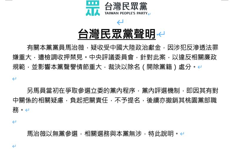 针对党员马治薇涉及收受中国大陆资金参选,民众党1月6日发布声明,以违反相关廉政规范,并影响民众党声誉情节重大,裁决以除名(开除党籍)处分。(台湾民众党提供)