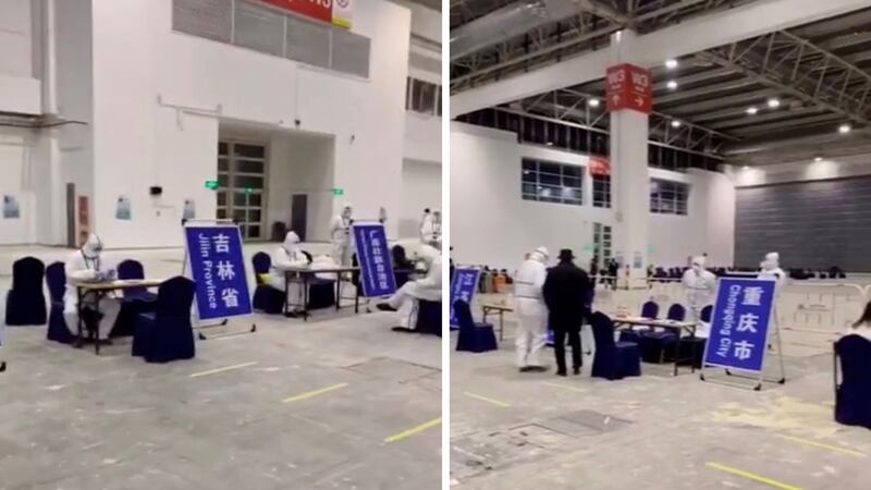 各省市驻京办人员在机场设置柜台,接走本地旅客,隔离14天。(视频截图)