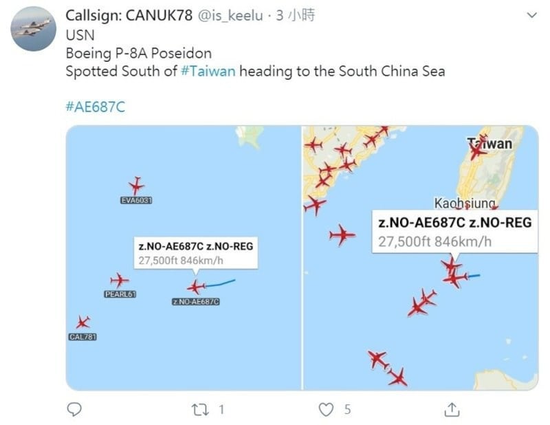擅长追踪军机航迹讯号的Callsign:CANUK78的推特账号，特别在美机侦巡相关推文中标注台湾。（取自Callsign:CANUK78推特）