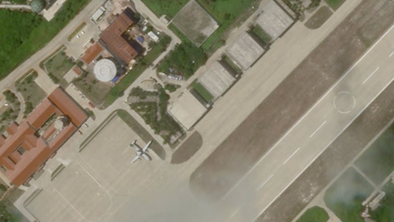 A plane that looks like a KJ-500 early warning aircraft sits on the apron of Woody Island's massive airstrip, June 27, 2020.
