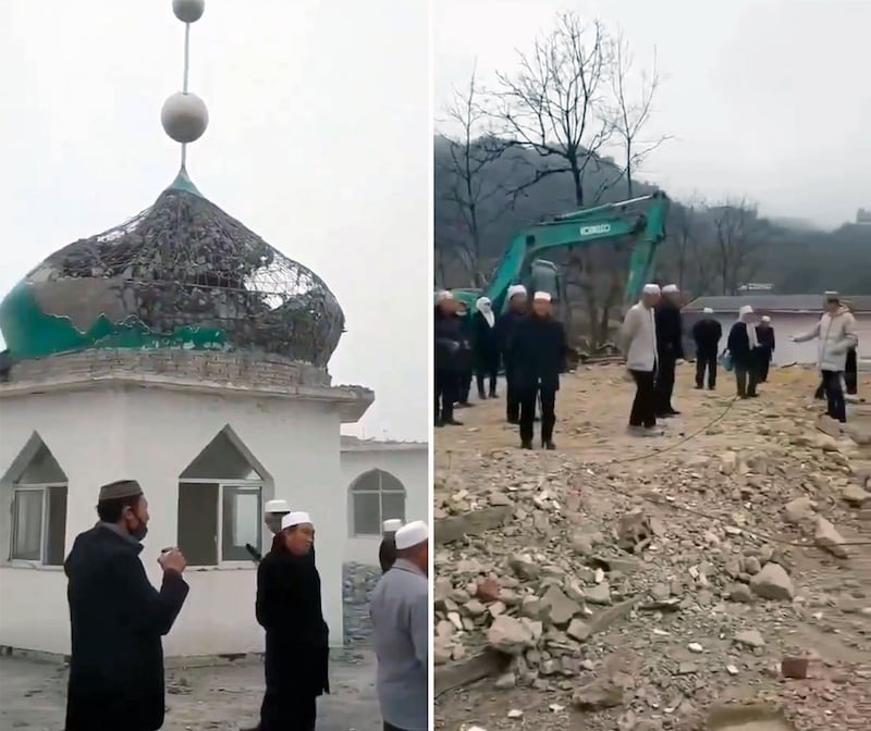 左图:位于云南昭通市小龙洞乡,始建于雍正九年的中营清真寺遭强拆。右图:穆斯林望着清真寺被挖机推倒,非常无奈。(视频截图)