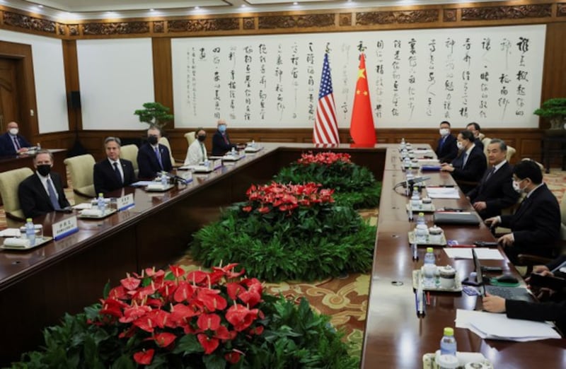 美国国务卿布林肯和王毅及秦刚会面时,中方都提及台湾问题。(路透社图片)